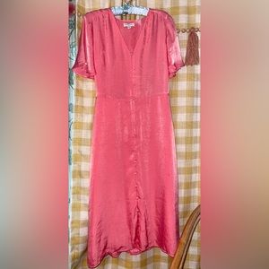 Size 6 (UK 10) pink coral silky button up midi dress, flutter sleeves EUC
